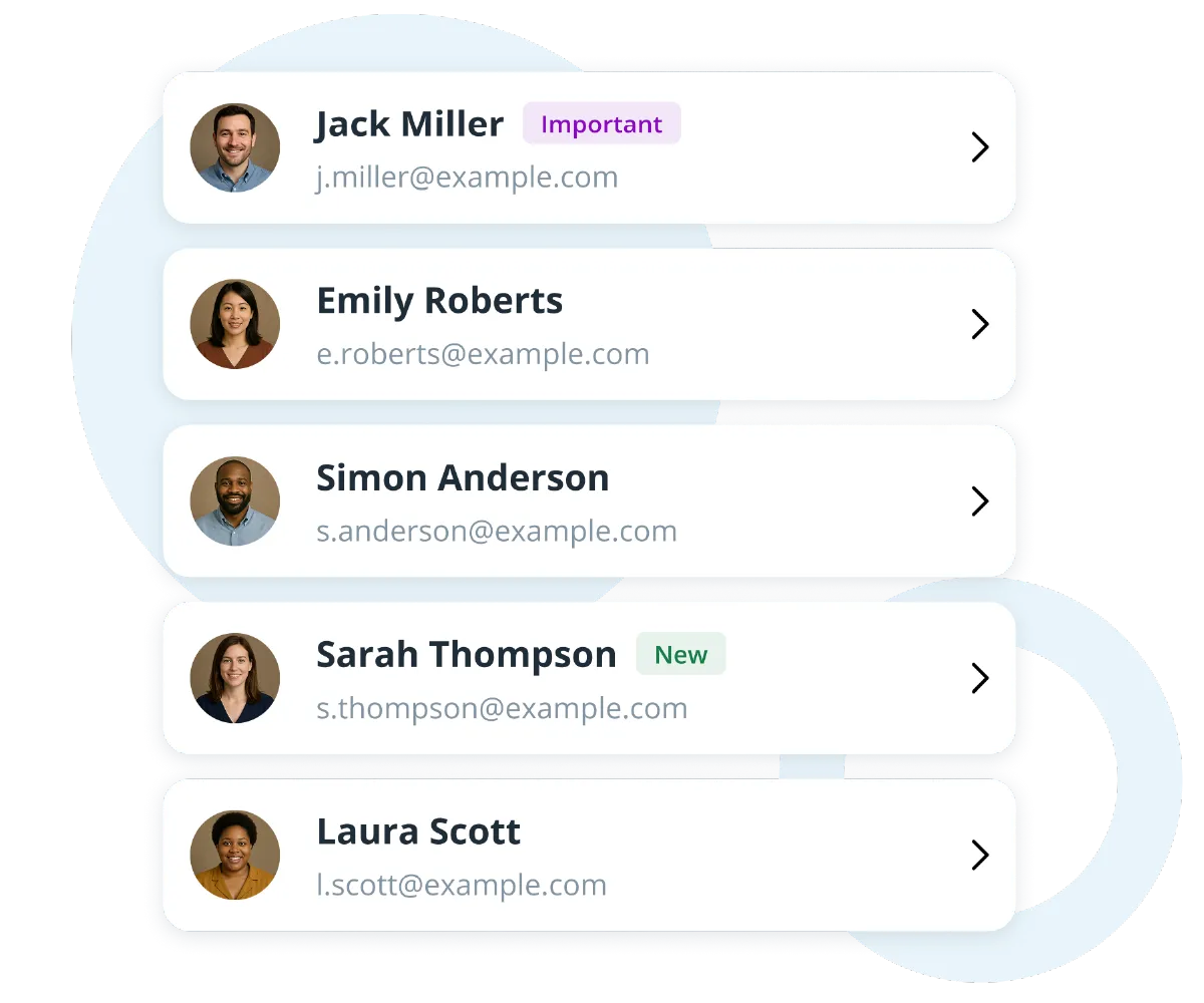 List of client contact cards with profile photos, names, emails, and status tags in a modern UI.