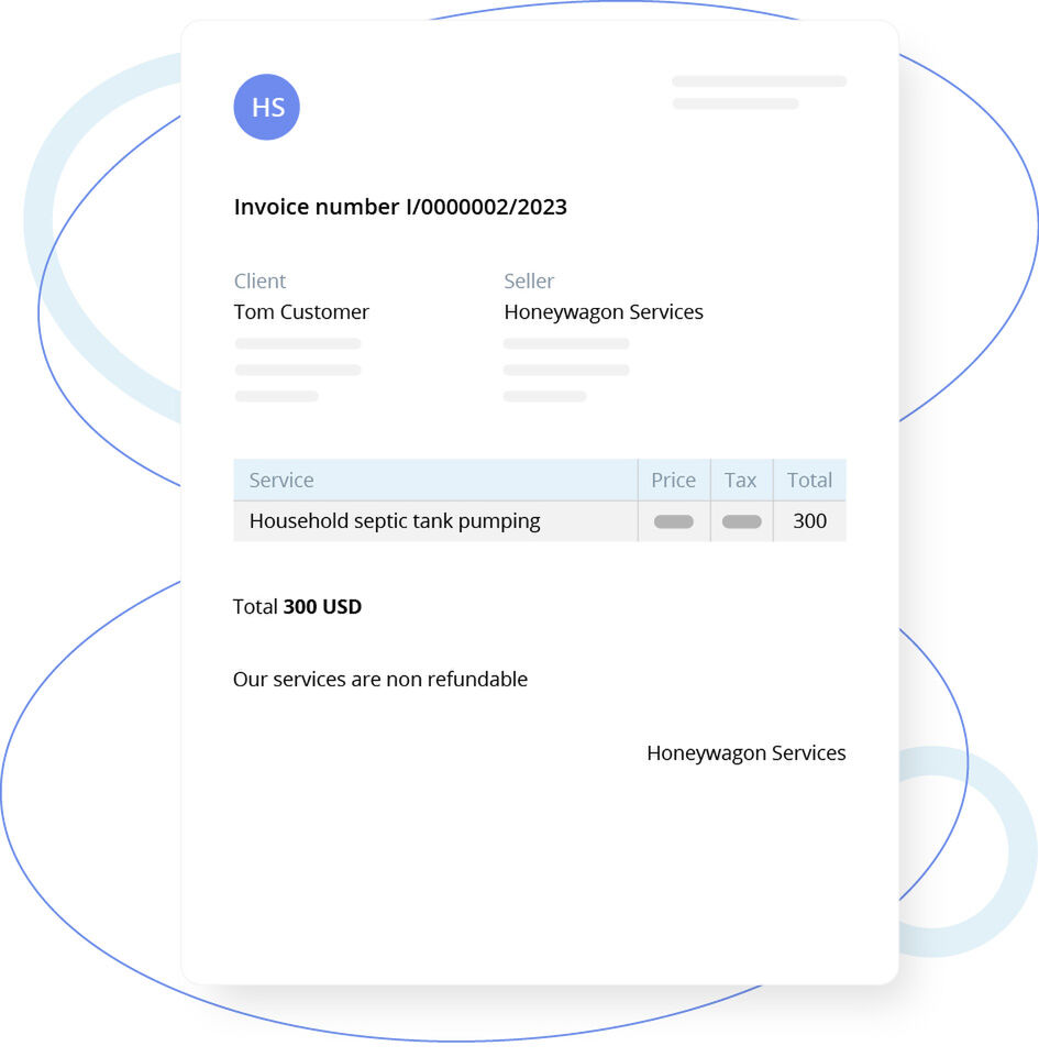 Minimalist invoice mockup showing a service charge for household septic tank pumping totaling 300 USD.