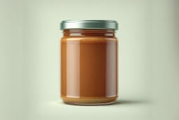 Glass jar filled with a smooth brown spread, sealed with a silver metal lid, set against a soft light green background.