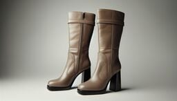Pair of taupe knee-high leather boots with chunky black block heels on a neutral studio background.