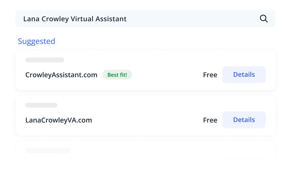 Domain search page showing virtual assistant name with suggested URLs and availability status