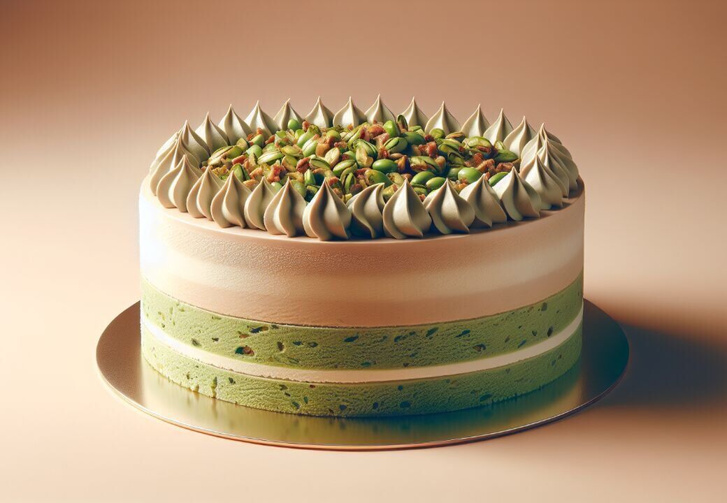 Elegant layered pistachio cake with whipped cream swirls and chopped nuts on top, set on a golden board against a warm beige background.