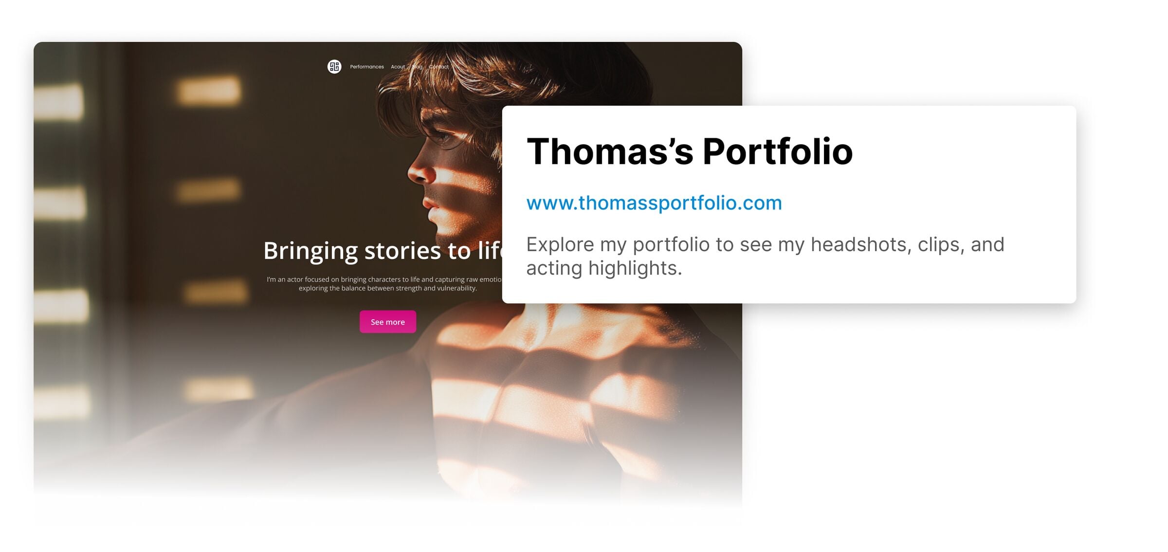Website mockup with a portfolio banner and an inset card preview highlighting a portfolio title, URL, and description.