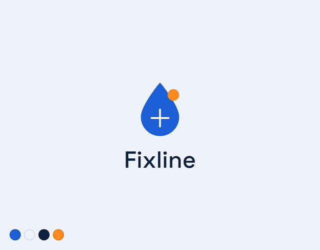 Fixline plumbing logo: blue water droplet with white plus and orange dot on light gray background