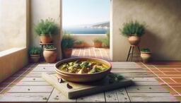 A rustic terrace with terracotta tiles and potted herbs overlooking a calm seaside, featuring a clay bowl of seafood stew with tomatoes and basil on a wooden board in the foreground.
