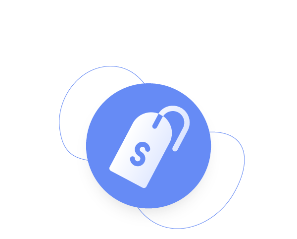 Minimalist blue circular icon with a price tag symbol containing an 'S' on a white background.