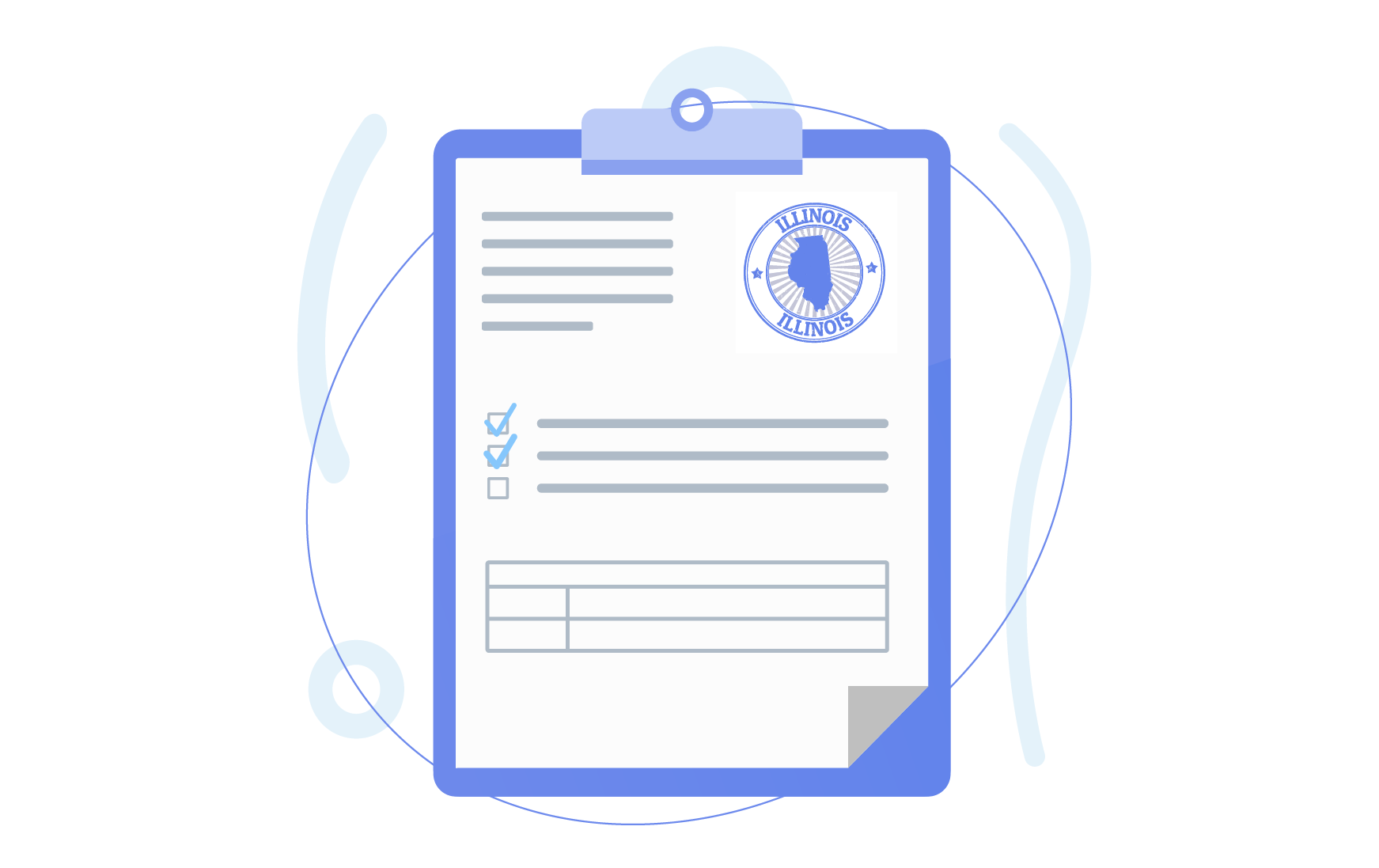 Illustration of a clipboard with an official-looking Illinois document featuring checkboxes and form lines.
