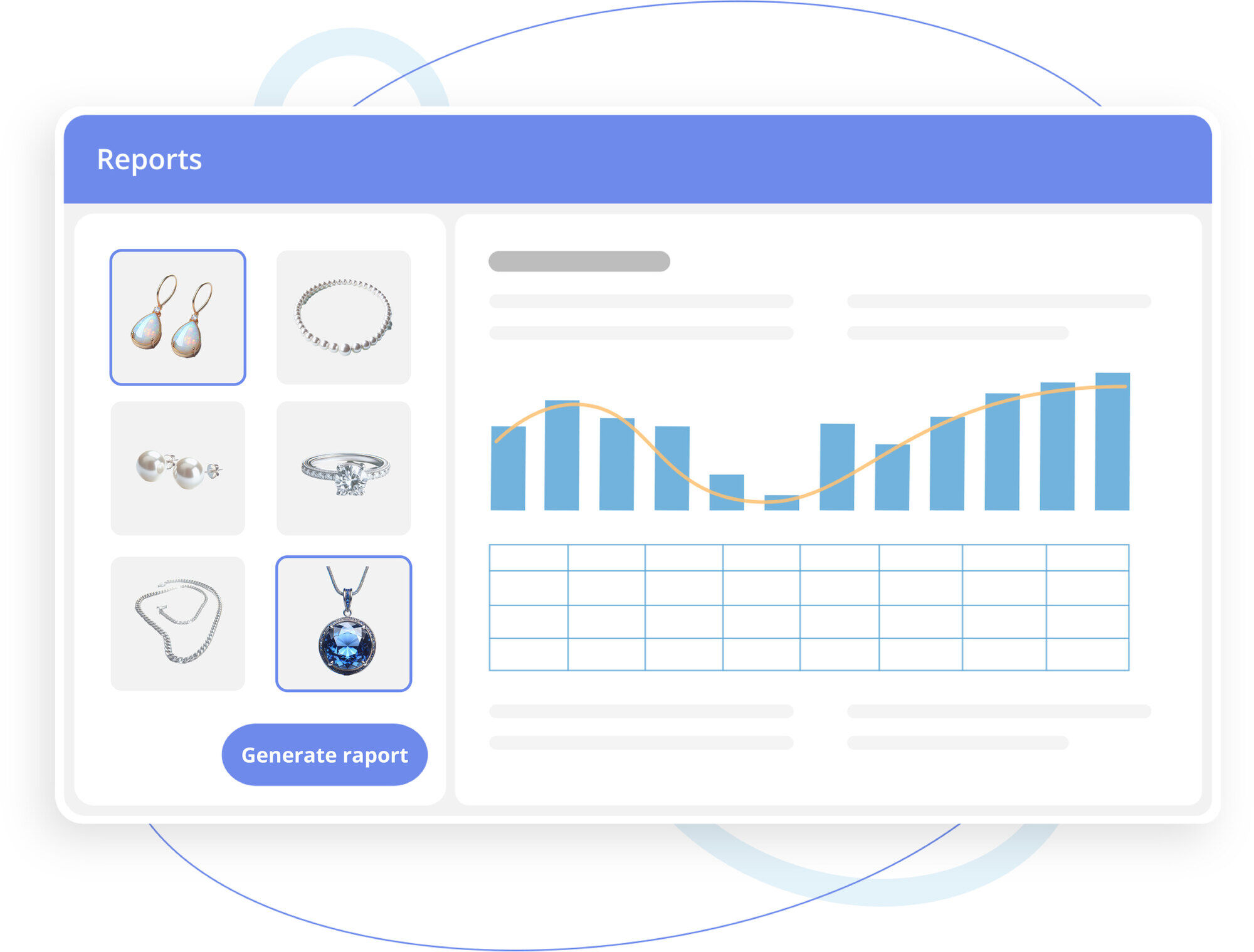 Dashboard-style illustration showing a reports panel with jewelry thumbnails, charts, and a button labeled Generate raport.