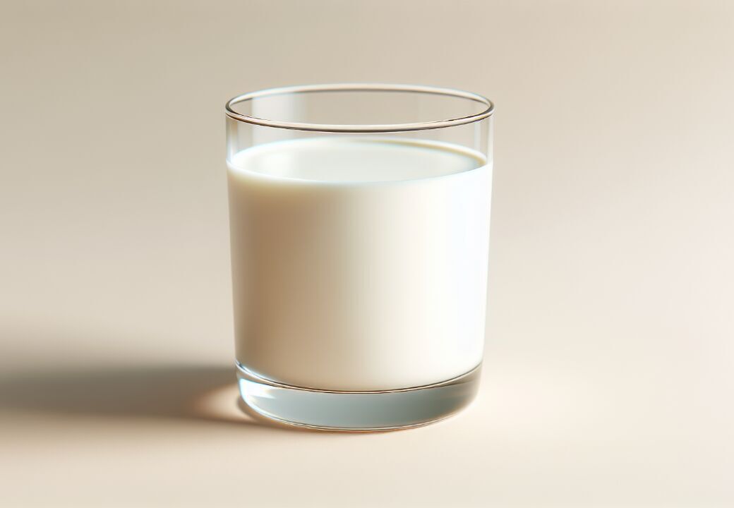 Clear tumbler filled with milk on a smooth, light beige surface with soft lighting and a gentle shadow.