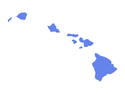 Simplified map silhouette of the Hawaiian Islands on a white background.