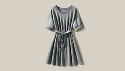 Gray short-sleeve belted dress laid flat on a neutral beige background.