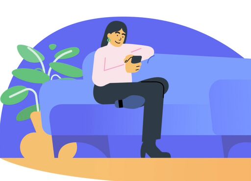 Illustration of a person relaxing on a blue couch while looking at a smartphone.