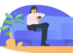 Illustration of a person relaxing on a blue couch while looking at a smartphone.