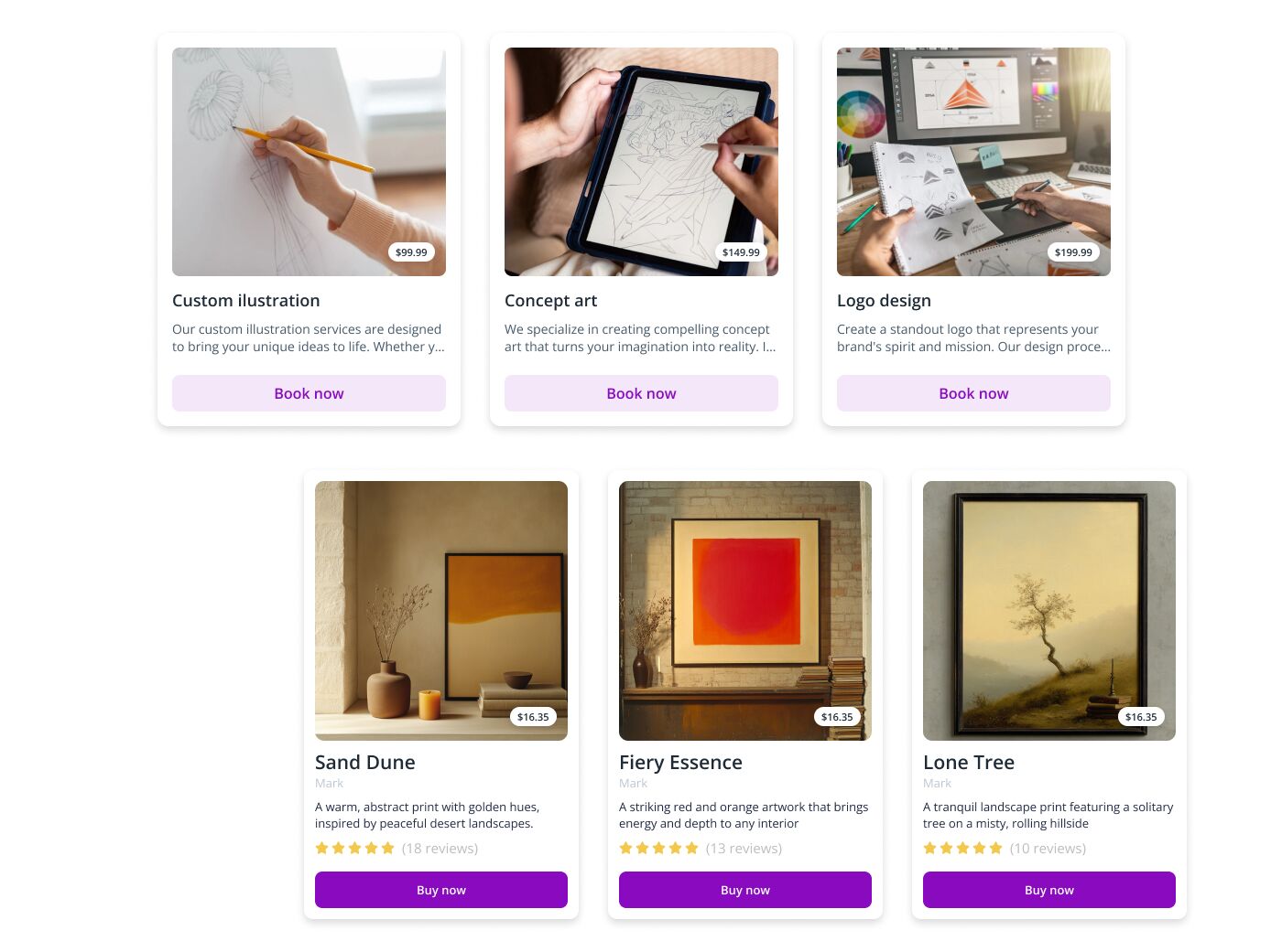 Marketplace-style web UI showing creative services and art prints with images, prices, ratings, and call-to-action buttons.