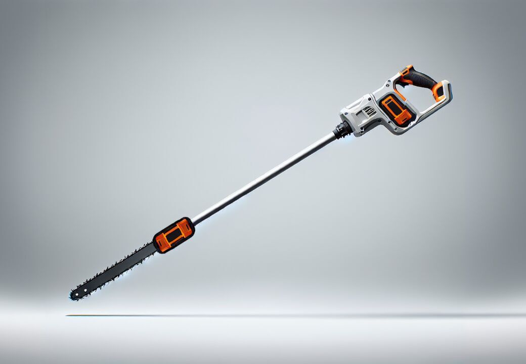 Long-handled electric pole saw with orange and black accents on a neutral background