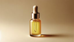 Golden cosmetic serum dropper bottle on a warm beige background with soft shadows.