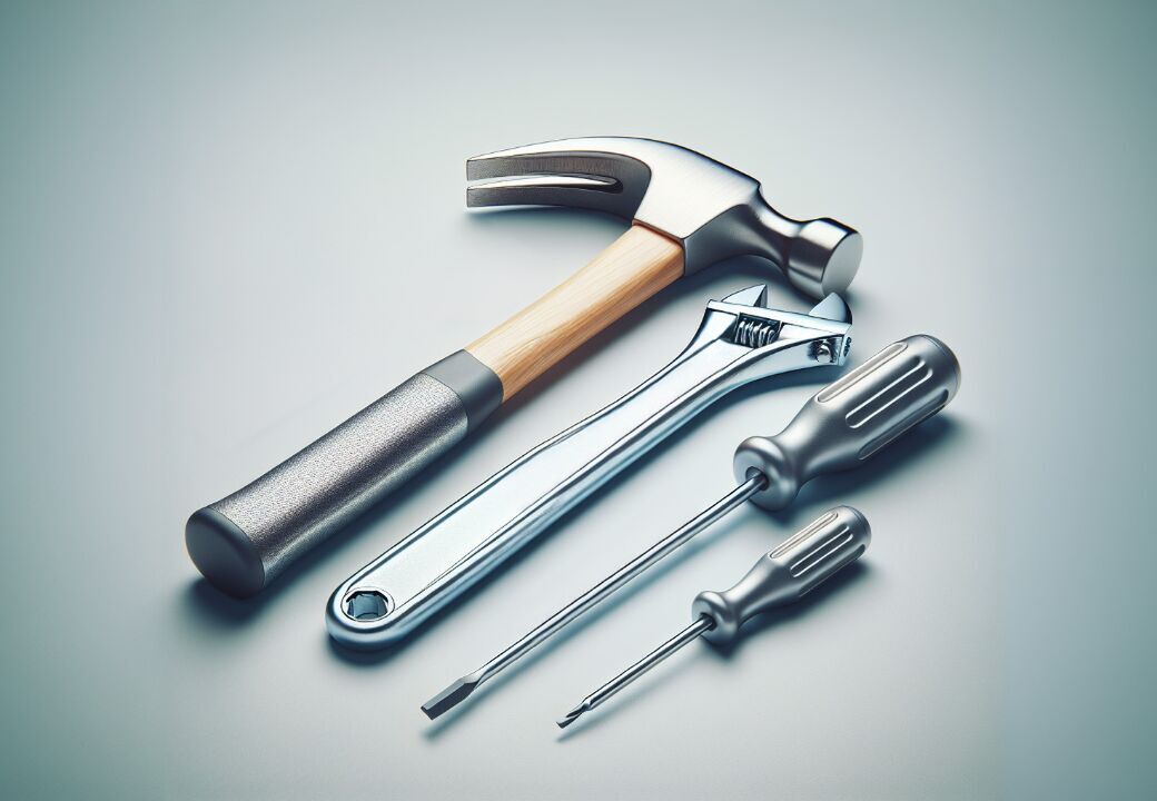 Assorted hand tools including a hammer, adjustable wrench, and two screwdrivers arranged neatly on a smooth surface.
