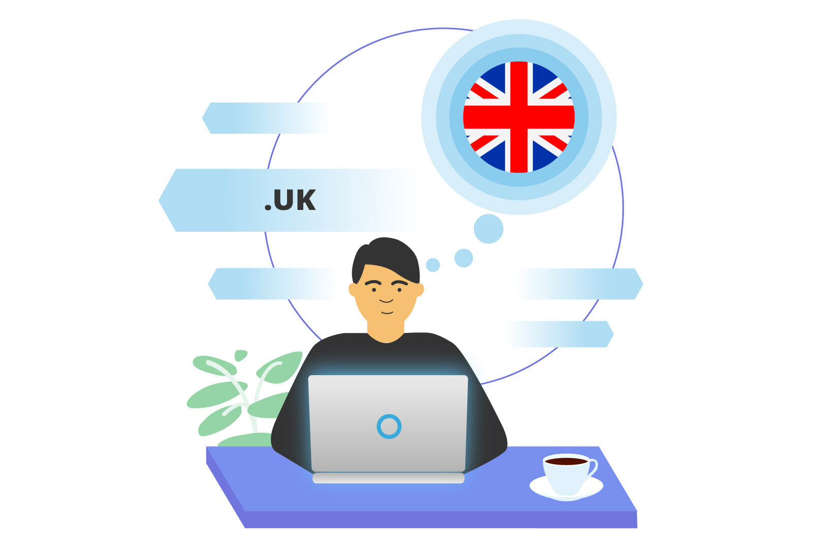 Illustration of a person using a laptop, thinking about the United Kingdom with a UK flag bubble and the text .UK, at a desk with a coffee cup and plant.