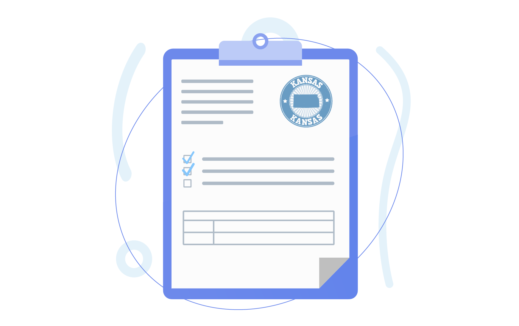 Illustration of a clipboard with a document featuring lines, checkboxes, a table, and a circular seal labeled Kansas.