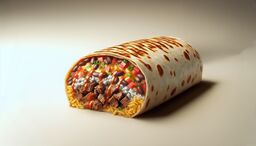 Close-up of a cut burrito showing its colorful fillings spilling slightly from a toasted flour tortilla.