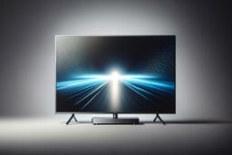 Modern flat-screen TV on a stand displaying a futuristic blue light trail converging toward a bright horizon point.
