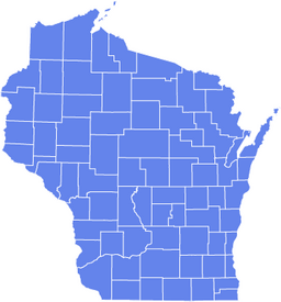 Blue vector map of Wisconsin with county boundaries outlined in white.