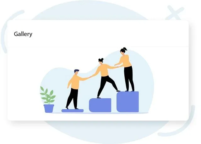 Minimalist illustration of three people helping each other climb blocks, symbolizing teamwork.