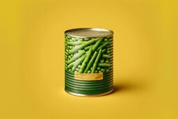 Tin can of green peas with illustrated pods on a bright yellow background