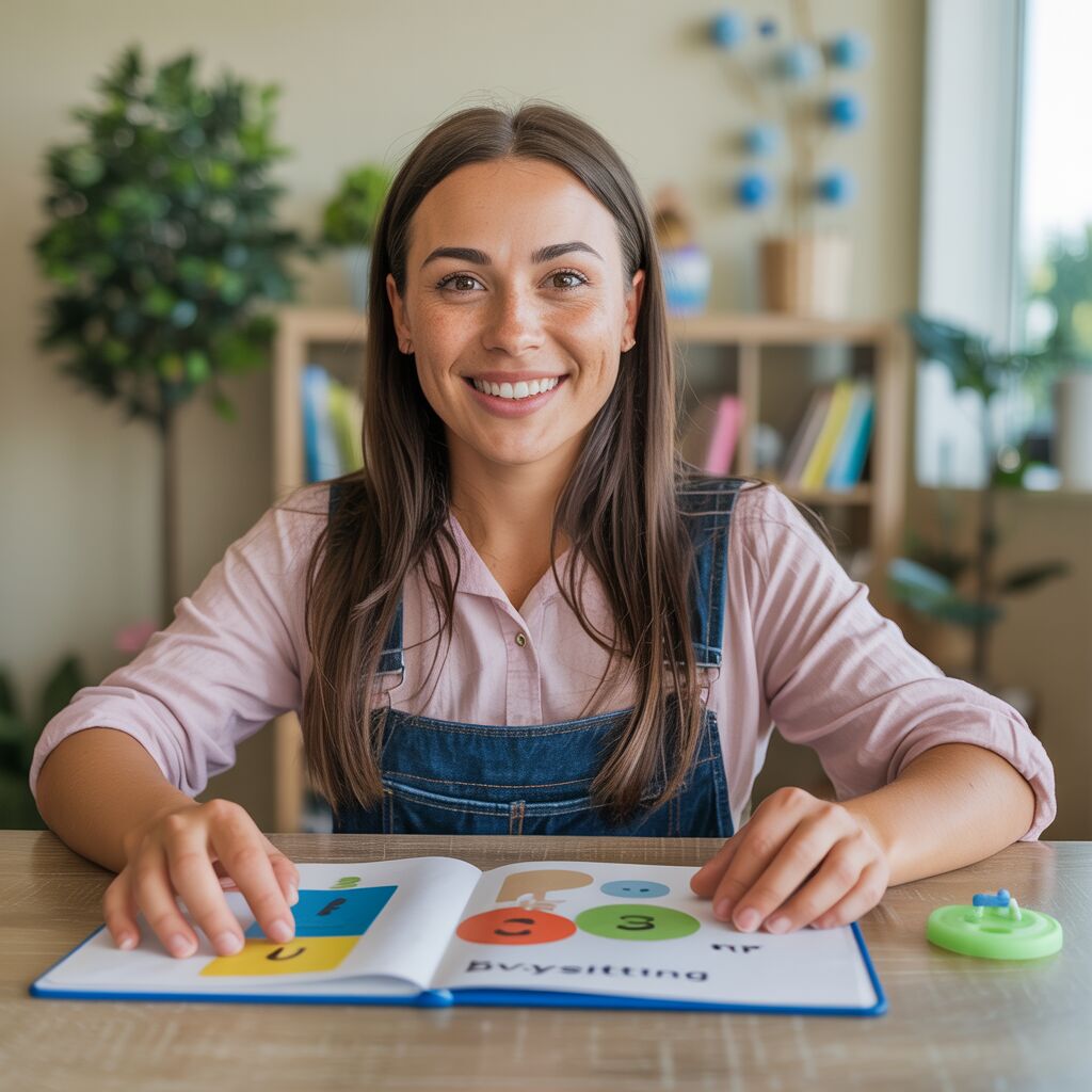 Smiling woman in a cozy classroom holding an open children's book at a table