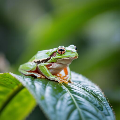 Close-up of a bright green tree frog perched on a glossy leaf in a lush, blurred forest background.