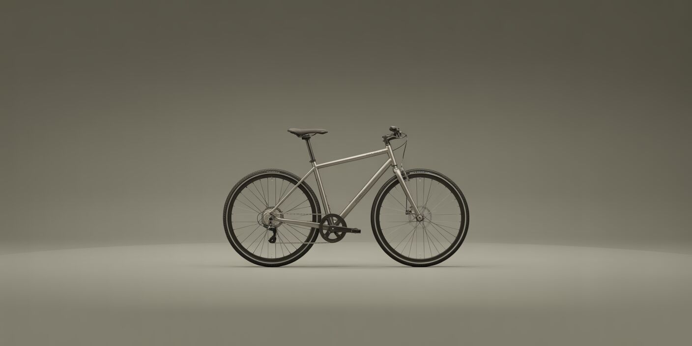 Side profile of a metallic silver hybrid city bike on a smooth grey studio backdrop.