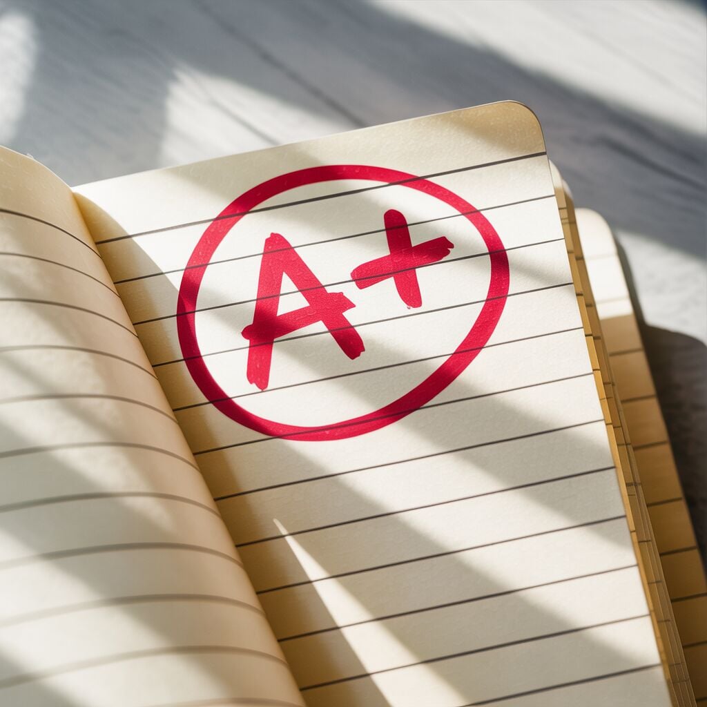 Close-up of a lined notebook page with a bold red A+ circled, lit by soft diagonal shadows.
