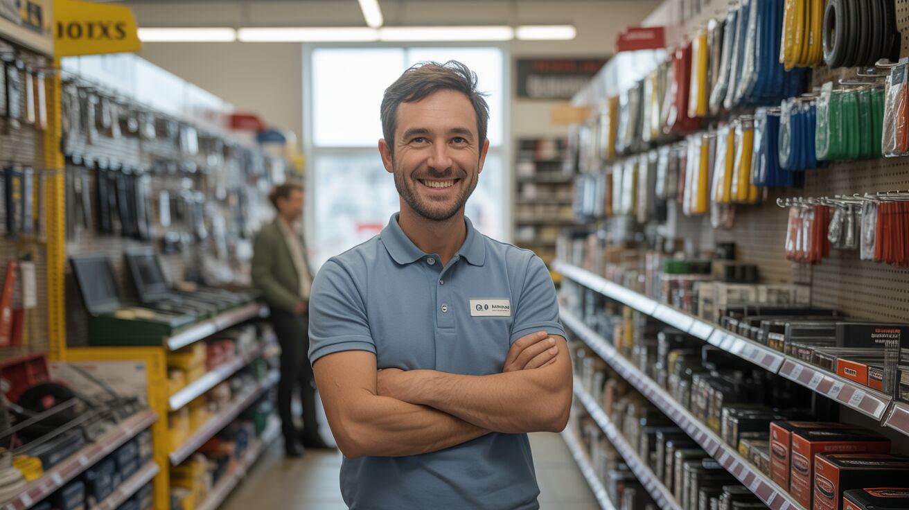 Smiling hardware store employee standing with arms crossed in an aisle lined with tools and supplies.