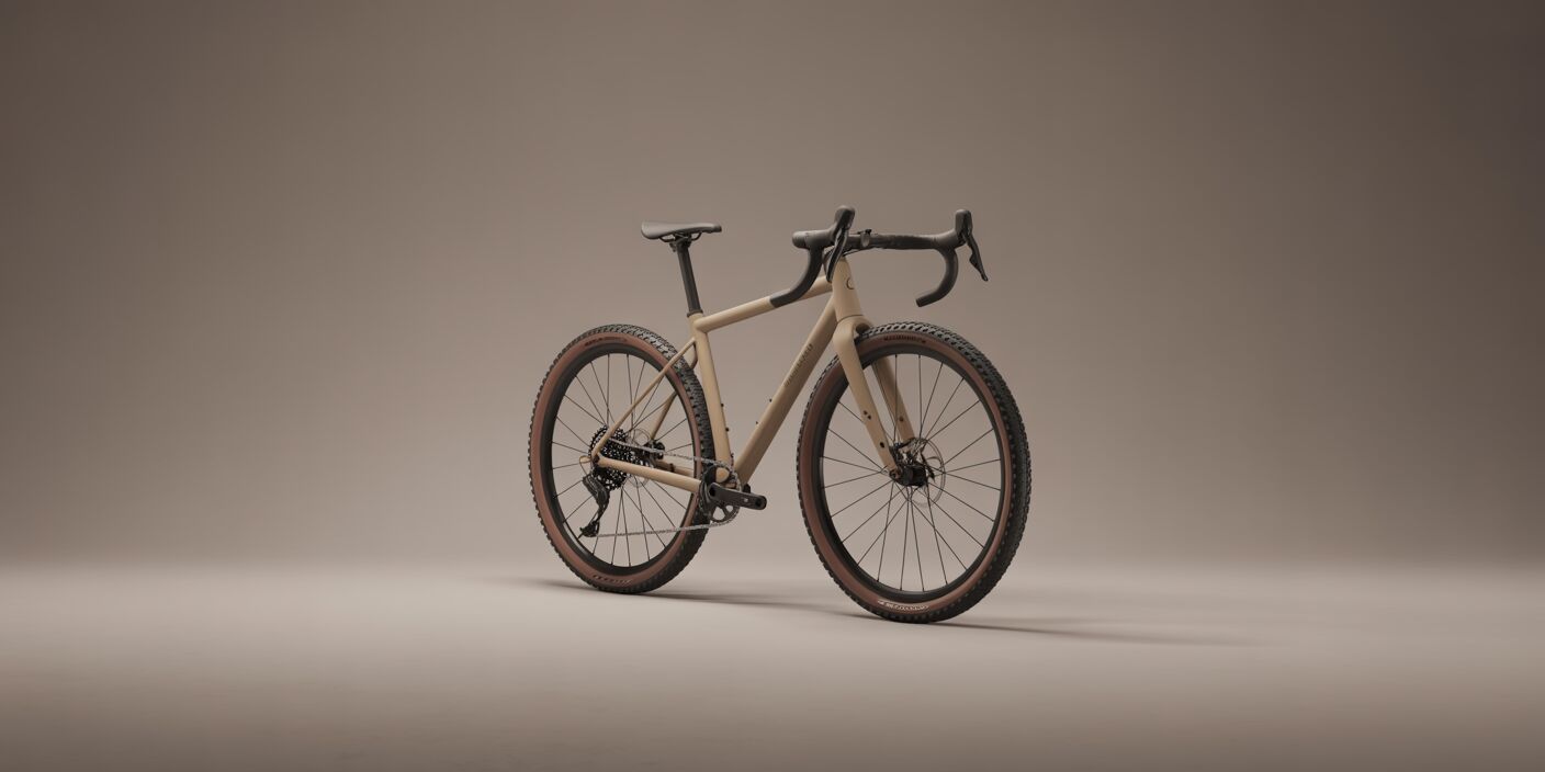 Desert tan gravel bike with drop bars and chunky tires posed three-quarter view on a smooth gray studio backdrop.