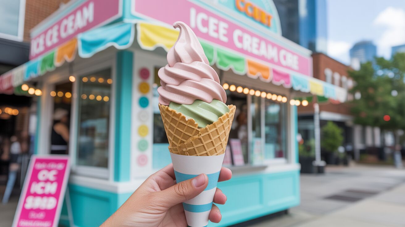 Hand holding a two-tone soft-serve ice cream in a waffle cone in front of a colorful ice cream stand.