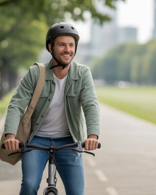 Smiling adult wearing a helmet rides a bicycle along a tree-lined urban bike path on a sunny day, carrying a beige shoulder bag. Skyscrapers and a green park are visible in the soft-focus background.