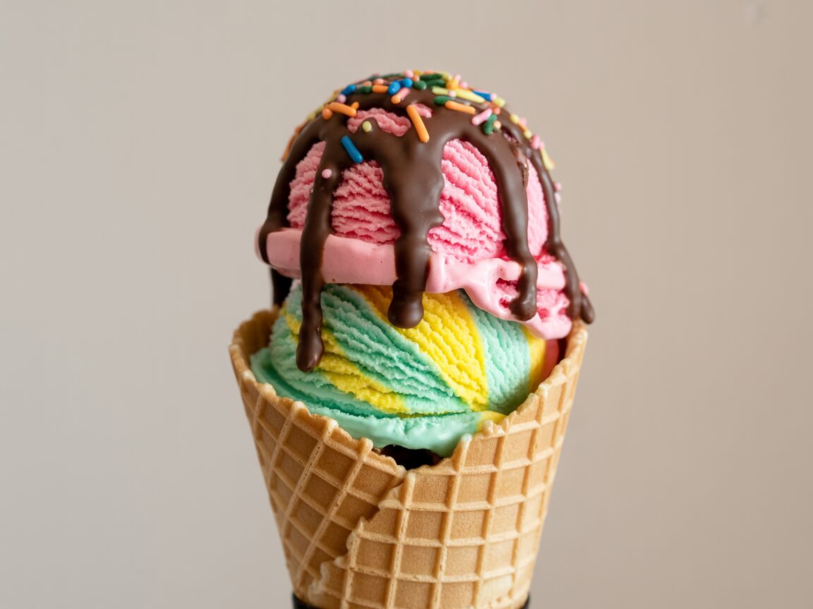 Close-up of a colorful double-scoop ice cream cone with chocolate drizzle and rainbow sprinkles against a plain background.
