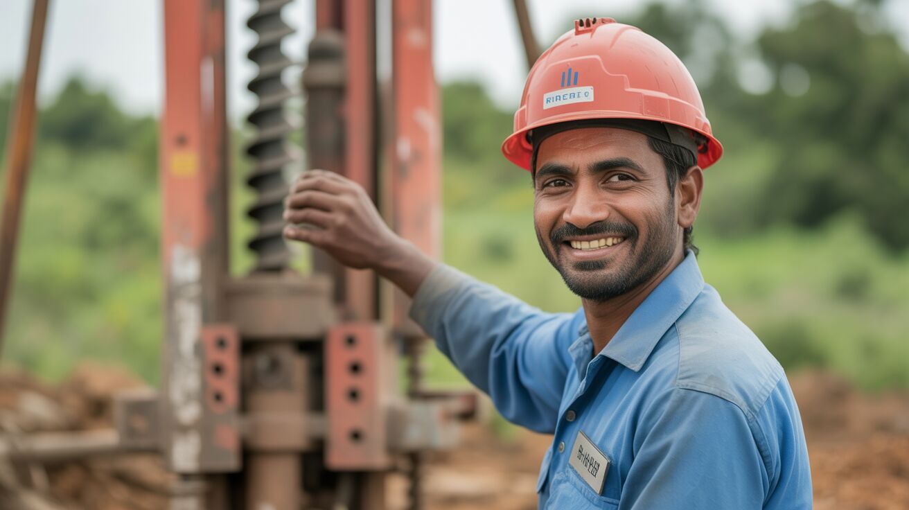Smiling worker in a red hard hat operating a borewell drilling machine outdoors.