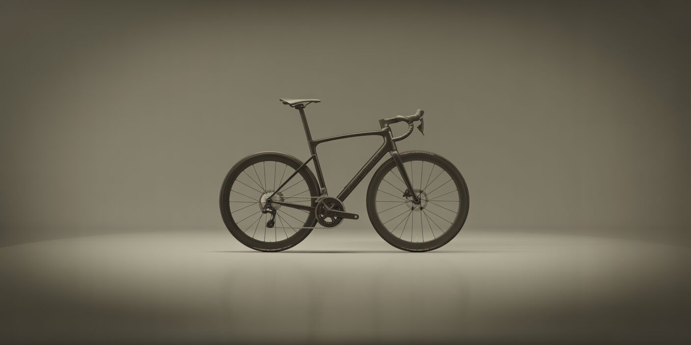 Side profile of a carbon black road bicycle on a smooth mid-grey studio backdrop, fully visible wheels and drop handlebars lit by soft, even lighting.