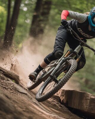 Mountain biker in full-face helmet carving a dusty trail through a forest, kicking up dirt as they navigate a rocky, root-strewn section at speed.