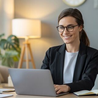 Smiling professional wearing glasses works on a laptop at a tidy home office desk.