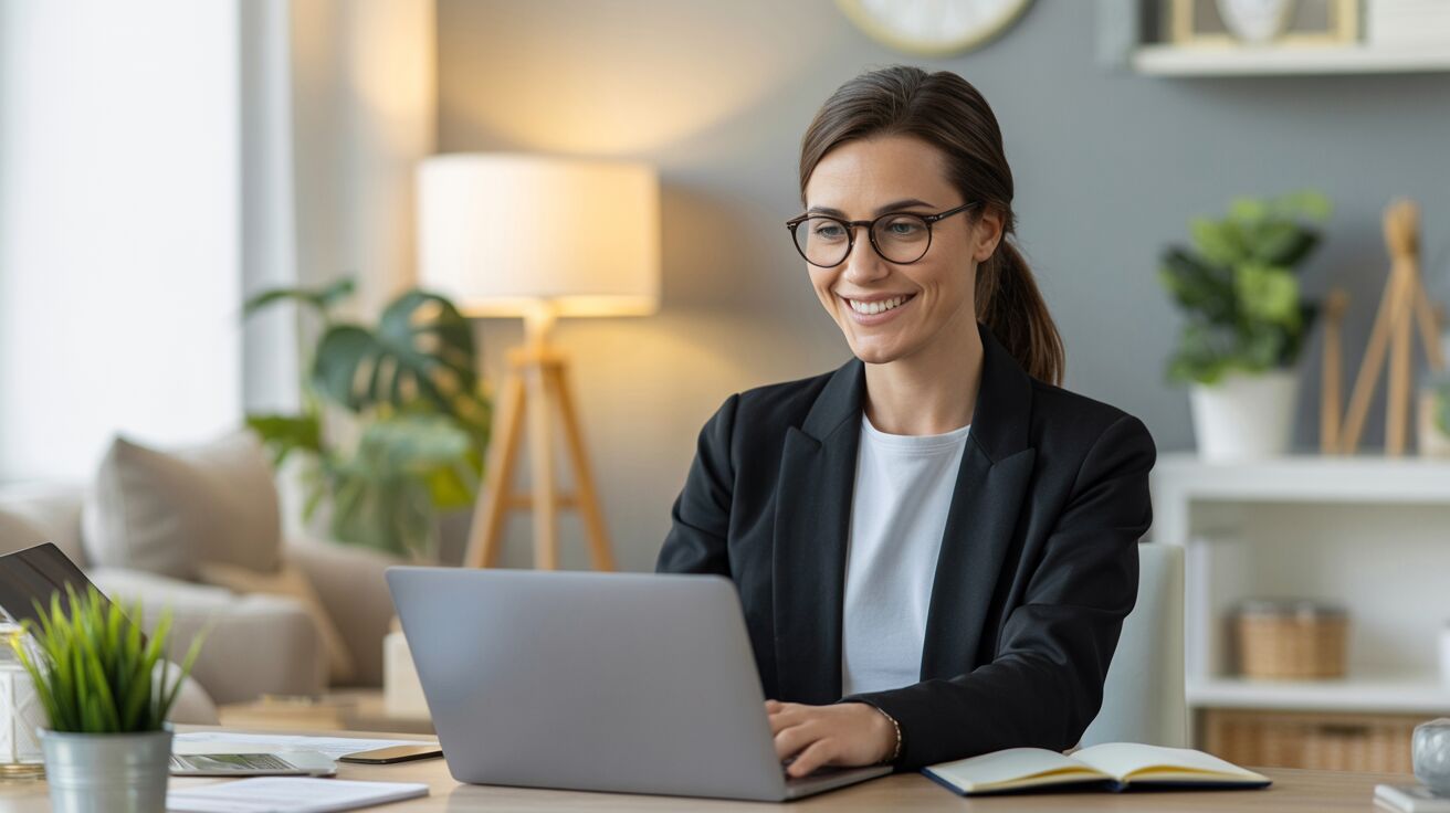 Smiling professional wearing glasses works on a laptop at a tidy home office desk.