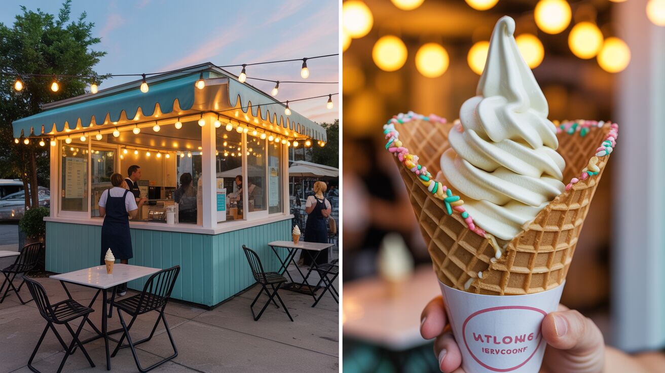 Evening scene of a turquoise ice cream kiosk lit by warm string lights, with small patio tables and customers ordering; alongside a close-up of a waffle cone topped with swirled vanilla soft serve and pastel sprinkles on the rim.