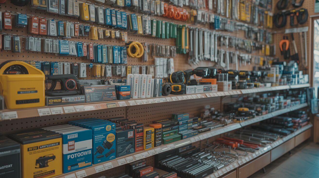 Well-stocked hardware store aisle with shelves and pegboard displaying tools, drill bits, flashlights, and boxed accessories