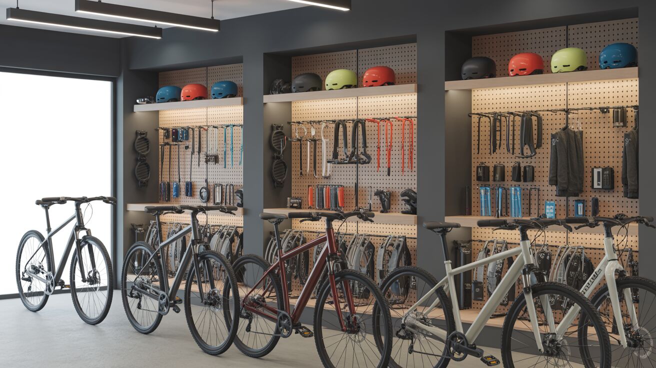 Modern bicycle shop interior with a row of sleek city bikes in front of pegboard walls displaying helmets and accessories.