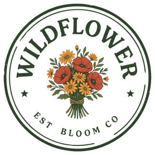 Wildflower Bloom Co floral logo with vintage round emblem and bouquet illustration