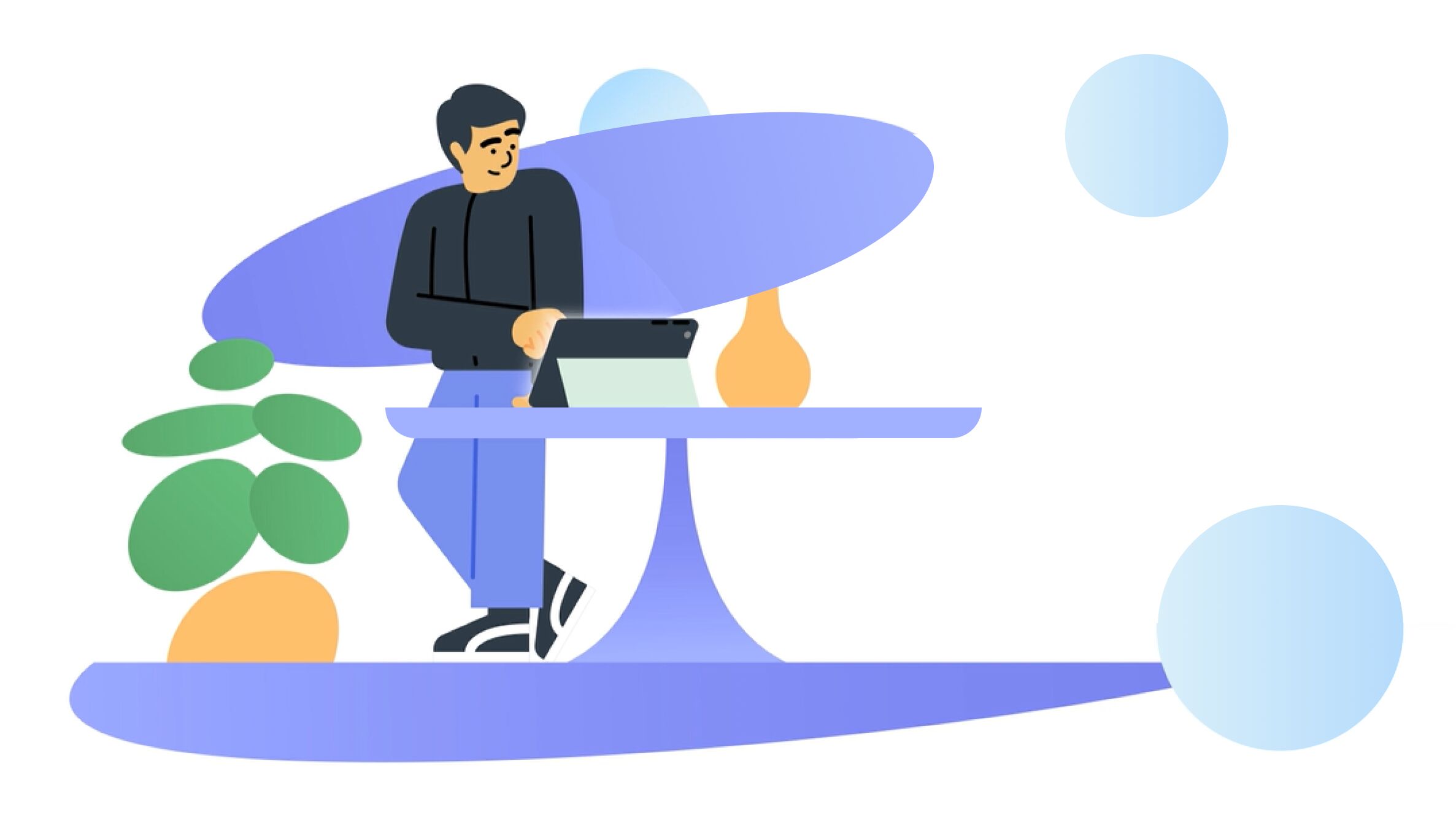 Minimalist illustration of a person standing at a sleek, curved table while using a tablet, surrounded by abstract shapes and a potted plant.