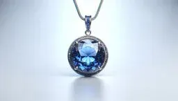 Close-up of a round blue gemstone pendant on a silver chain against a soft light background