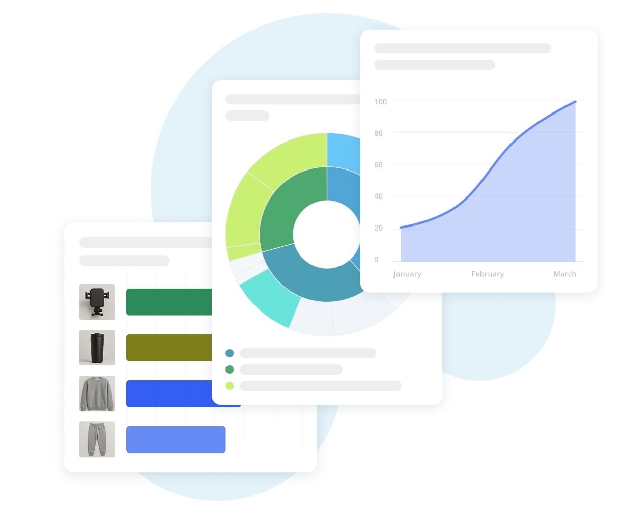 Stack of dashboard report cards showing a line chart, a donut chart, and a product list with colored bars.