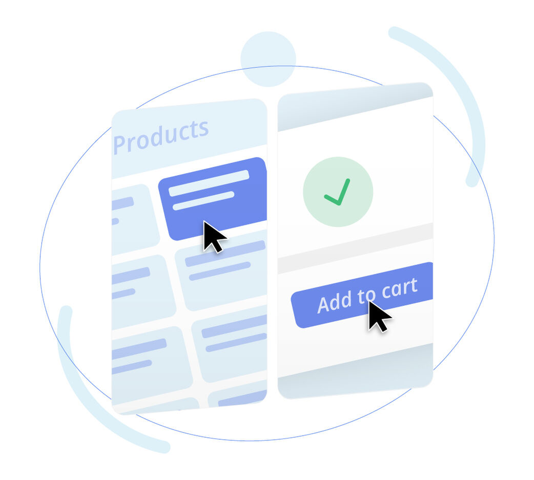 Illustration of a shopping app interface showing a products list and an Add to cart button being clicked.